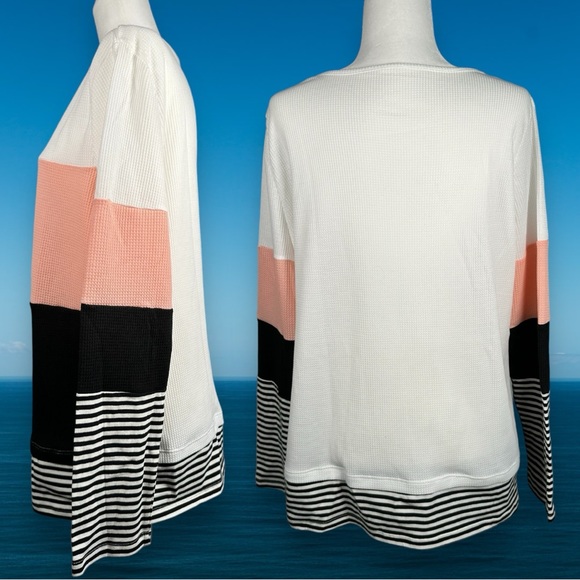 Women’s waffle knit long sleeve coral pink white black striped design top XL - Picture 2 of 4